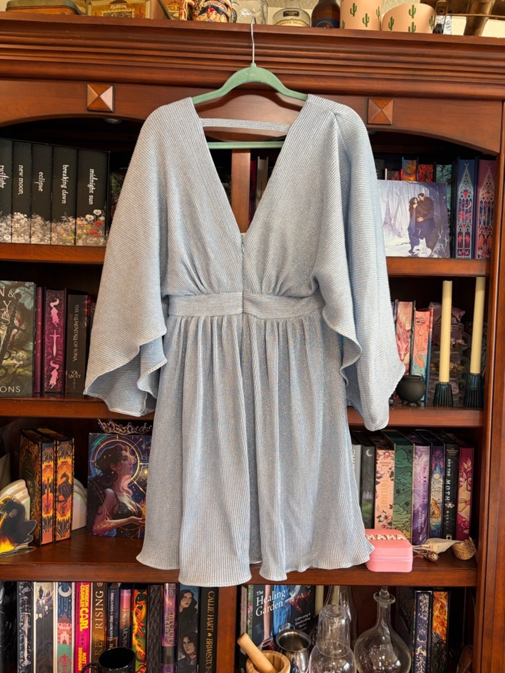 Light Blue V-Neck Flutter Sleeve Mini Dress - Picture 3 of 4